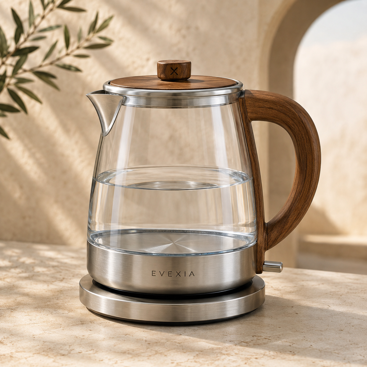 Stainless Steel, Glass & Teak Kettle